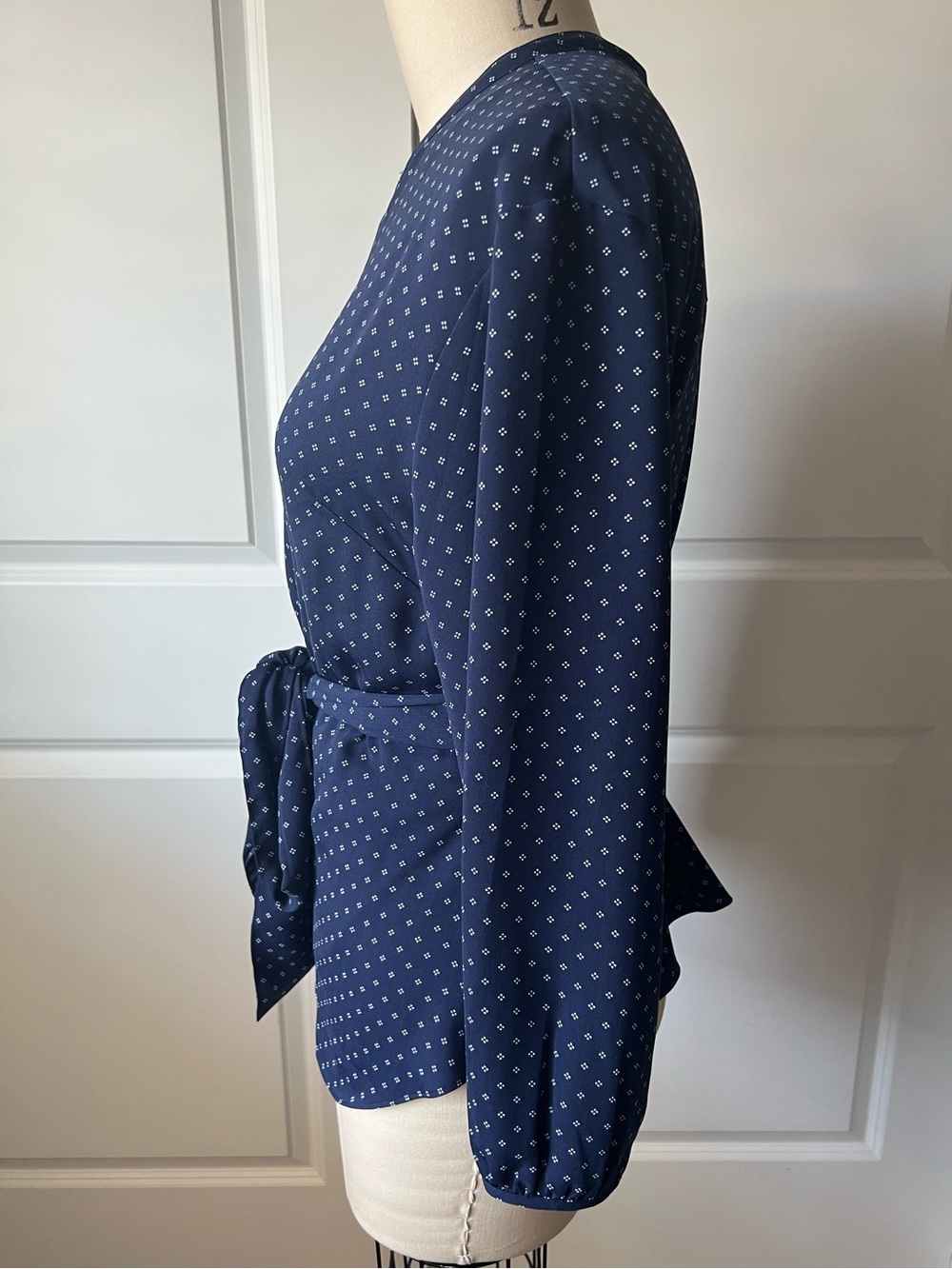 J. Crew Navy Printed Wrap Top with Waist Tie - Picture 2 of 4